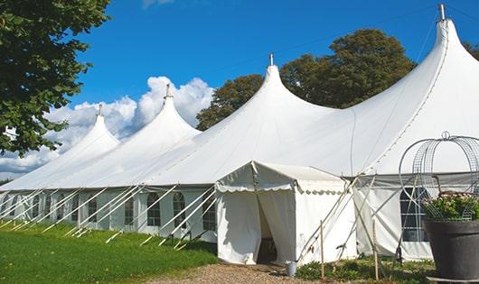 high-quality portable restrooms stationed at a wedding, meeting the needs of guests throughout the outdoor reception in Eden